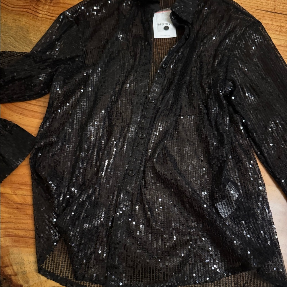 NWT black sheer Sequin Button-Up Shirt